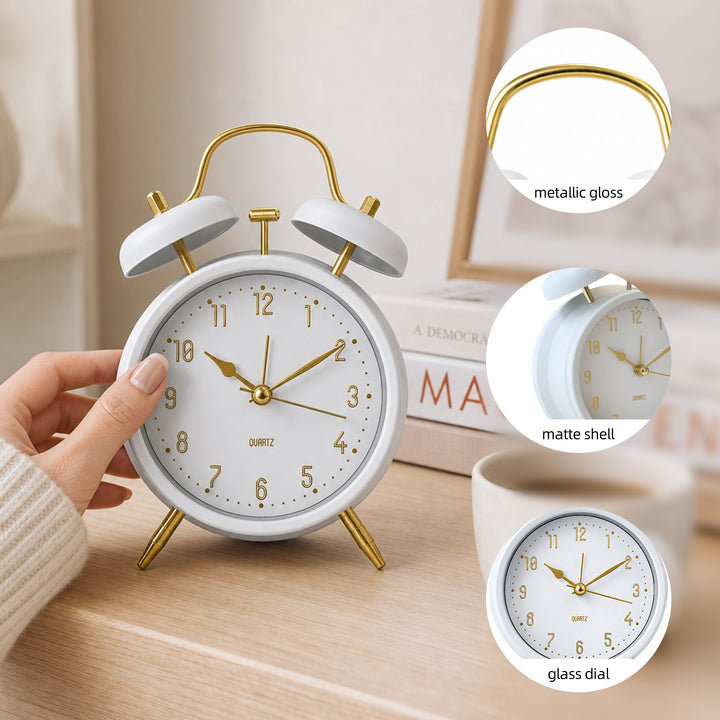 Clevinger Classic White &amp; Gold Twin Bell Alarm Clock | 16cm