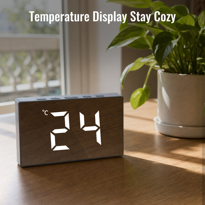 Clevinger Black LED Mirror Alarm Clock with Snooze | 13cm