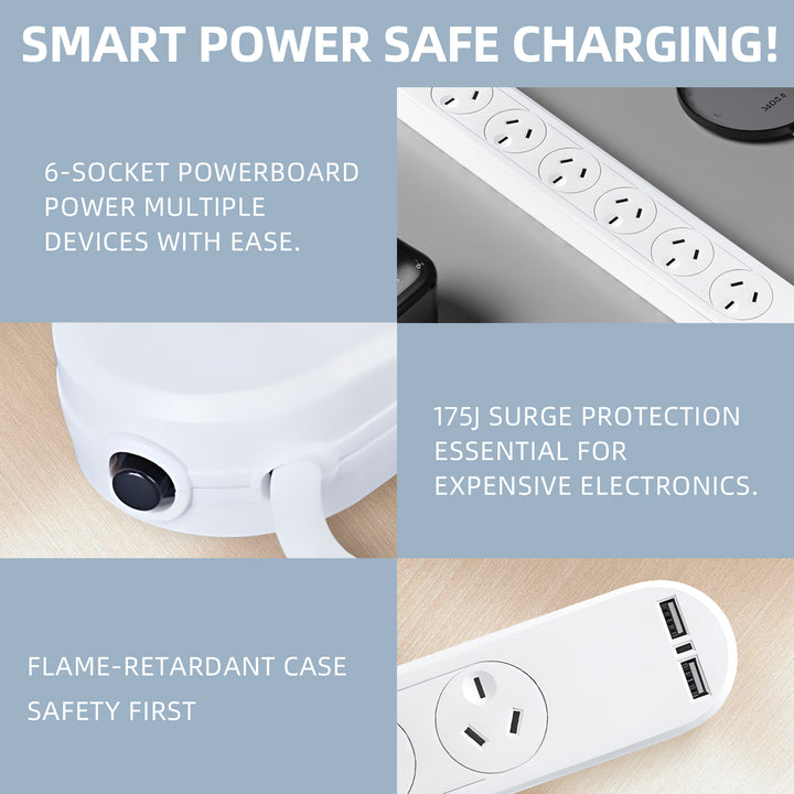 6 Outlet Powerboard With Surge Protection and Dual USB Charger 1M Lead Cable
