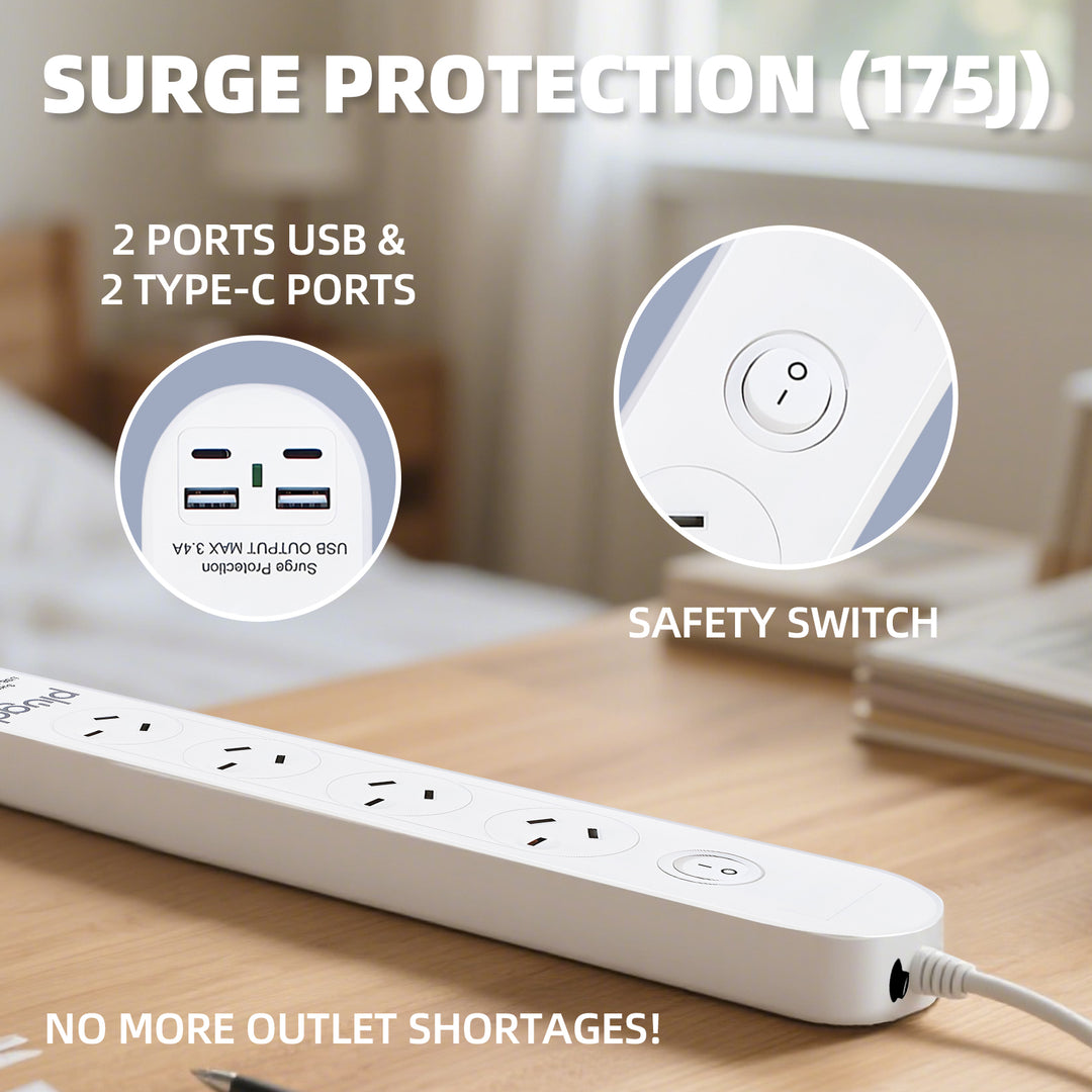 6 Outlet Powerboard With Surge Protection and Dual USB Charger 1M Lead Cable