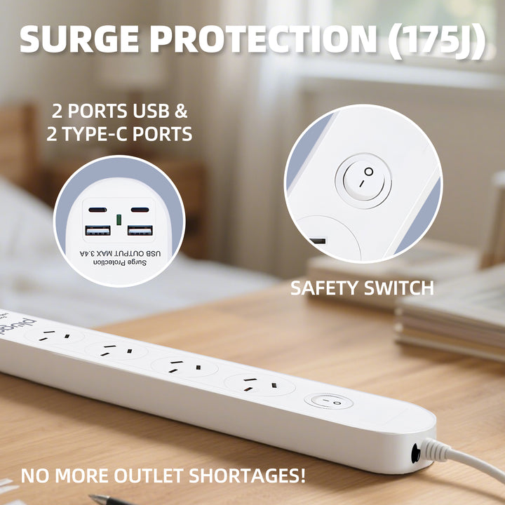 6 Outlet Powerboard With Surge Protection and Dual USB Charger 1M Lead Cable