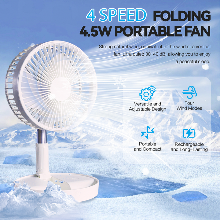 Folding Telescopic 4.5W Portable Height/Tilt Adjustable Rechargeable Cordless Fan