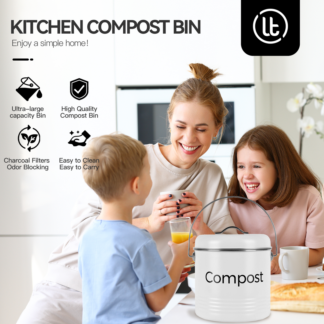 3.5L Kitchen Bench Compost Bin with 6 Replacement Activated Carbon Filters