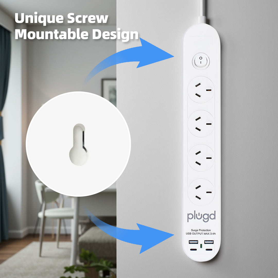 Plugd 2 USB A + 2 USB C 240V 10A Powerboard with Surge Protection