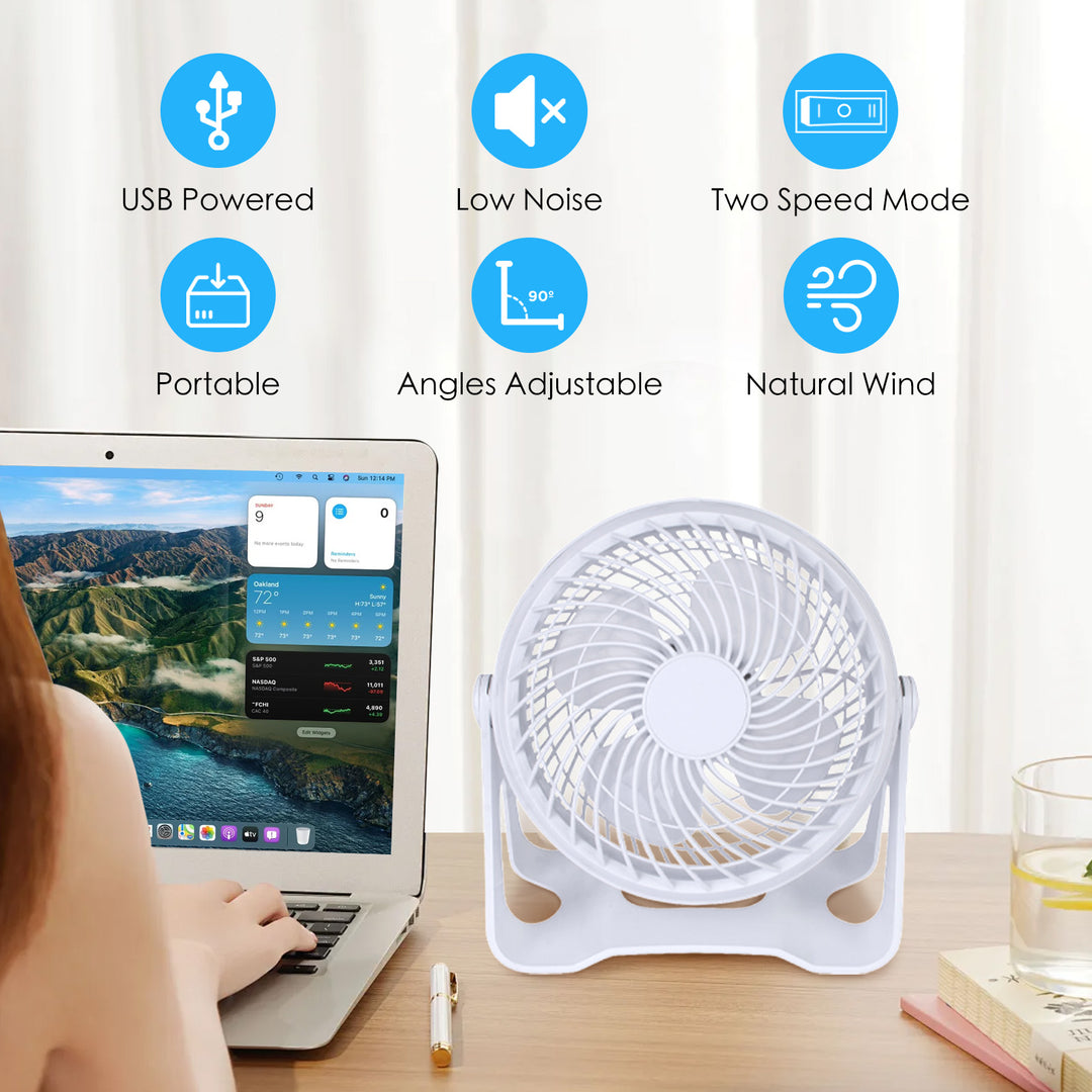 USB Powered Desk Fan – Portable 2-Speed Adjustable Angle Cooling Fan (White)