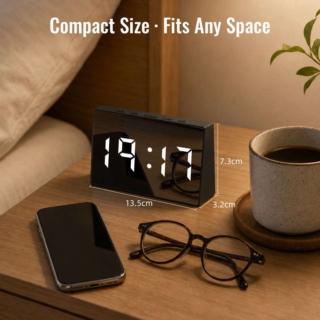 Clevinger Black LED Mirror Alarm Clock with Snooze | 13cm