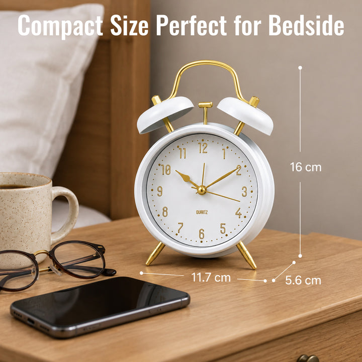 Clevinger Classic White &amp; Gold Twin Bell Alarm Clock | 16cm