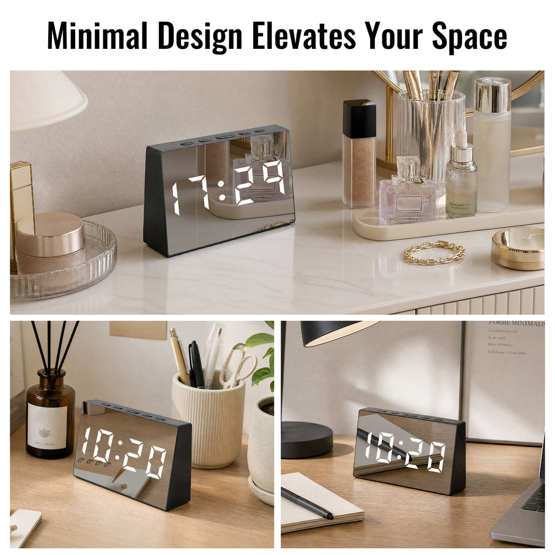 Clevinger Black LED Mirror Alarm Clock with Snooze | 13cm