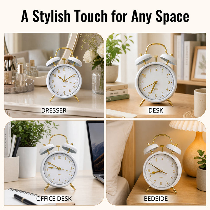 Clevinger Classic White &amp; Gold Twin Bell Alarm Clock | 16cm