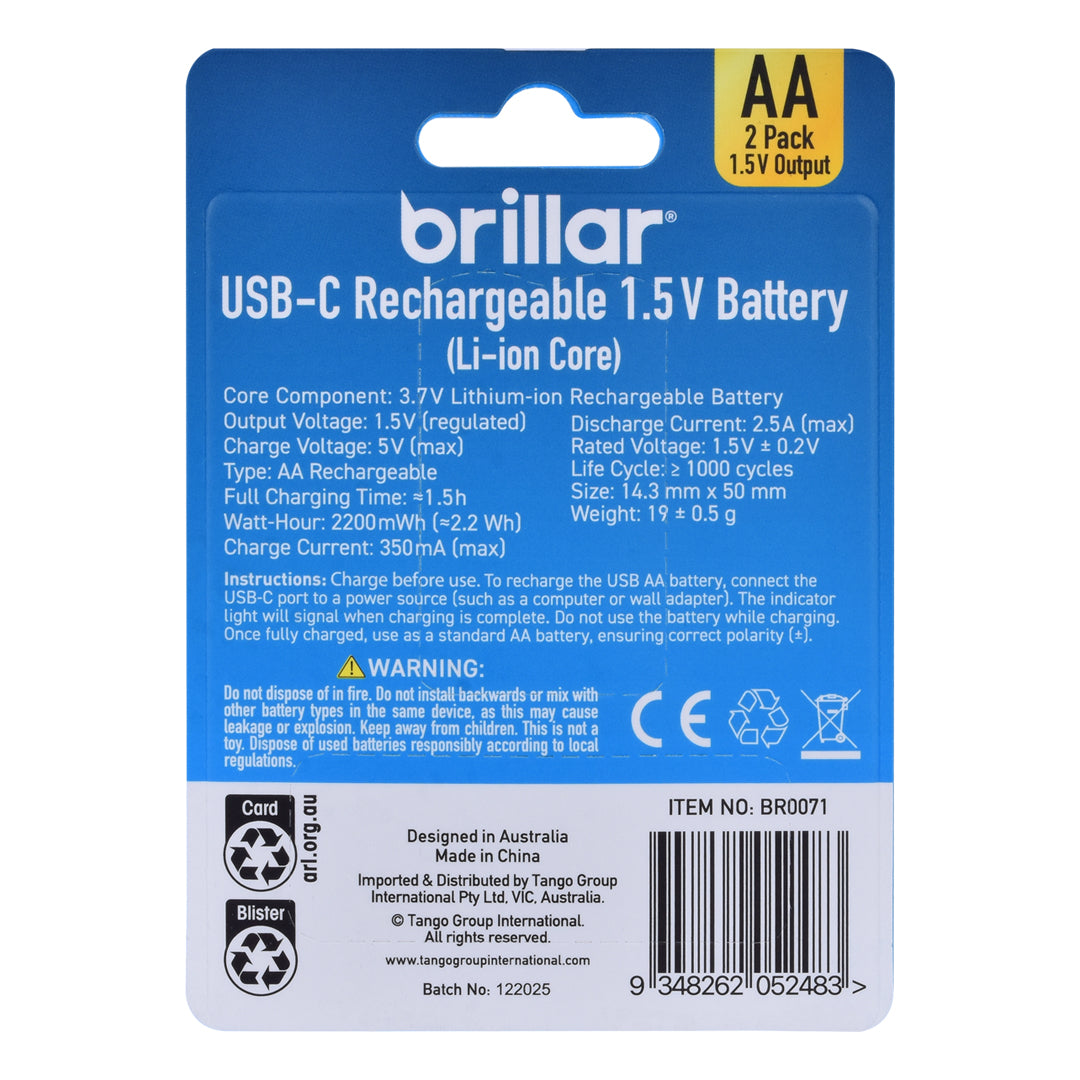 2 PCS AA USB Rechargeable LI-ION Battery