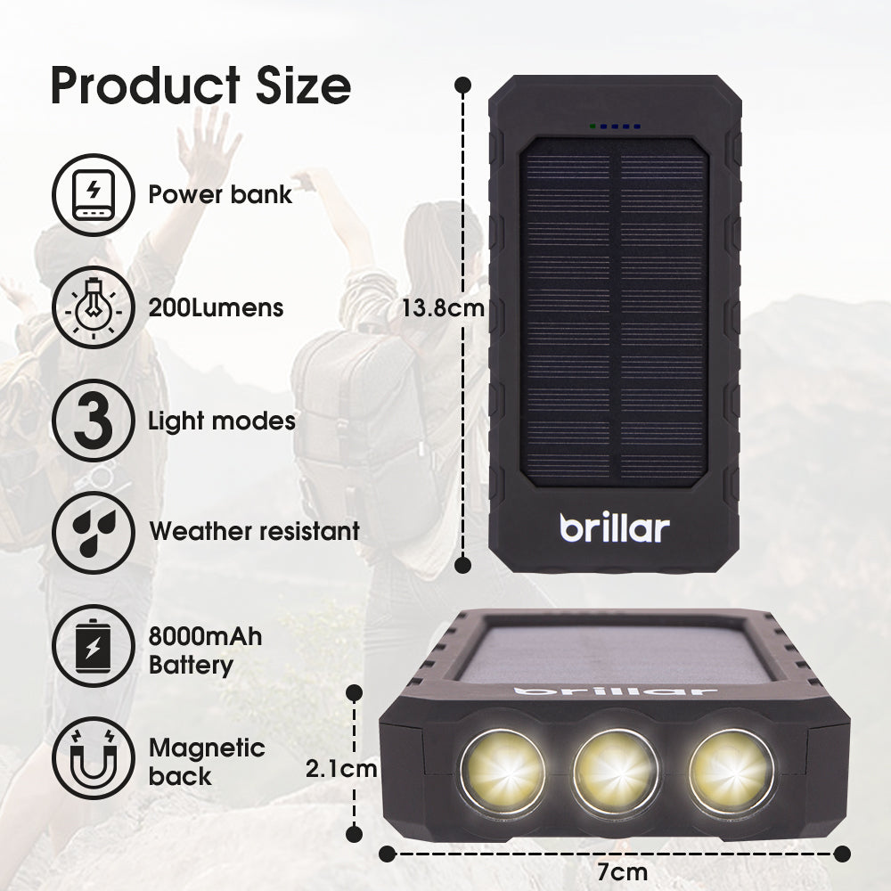 Brillar 8000mAh Solar USB Power Bank 200 Lumens LED Torch