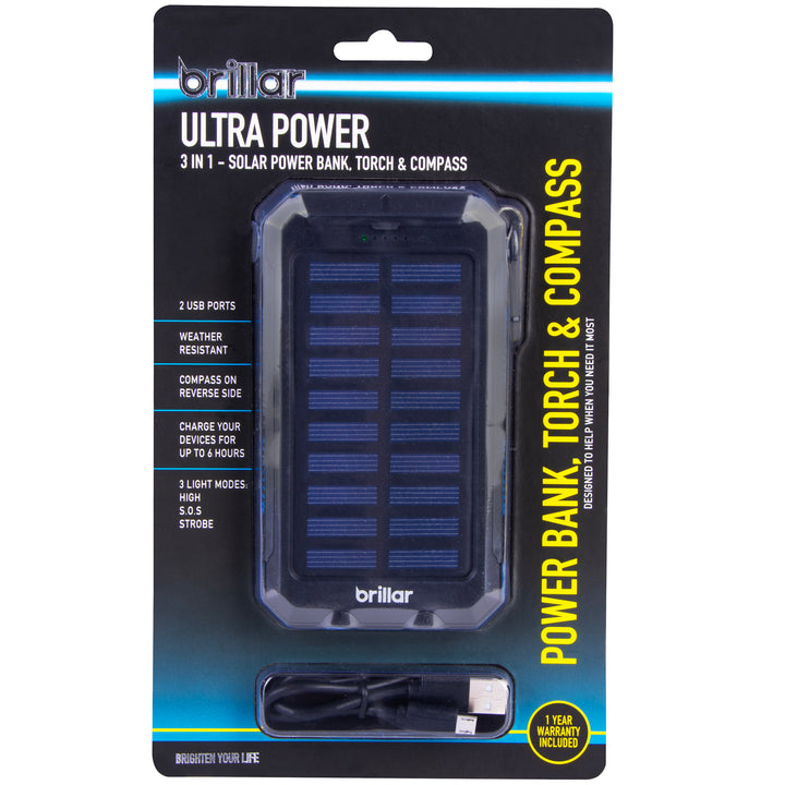 Brillar Ultra Power 3 In 1 4000mAh Solar Powerbank, Torch & Compass