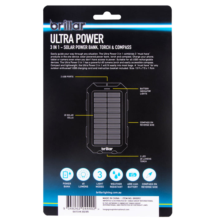 Brillar solar power bank Brillar Ultra Power 3 In 1 4000mAh Solar Powerbank, Torch & Compass