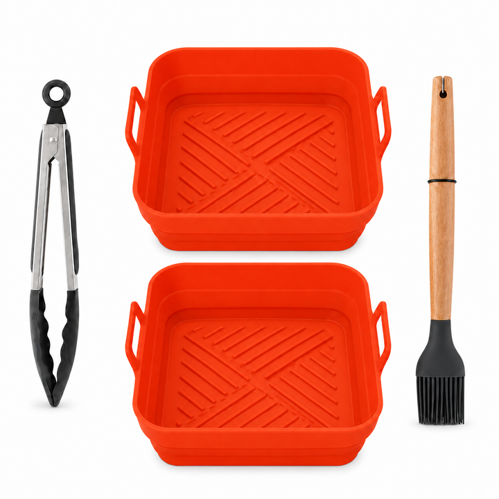 4 Pcs Air Fryer Accessories Set with Square Silicone Liner, Tongs & Basting Brush