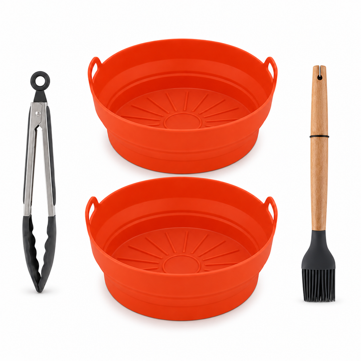 4 Pcs Air Fryer Accessories Set with Round Silicone Liner, Tongs & Basting Brush