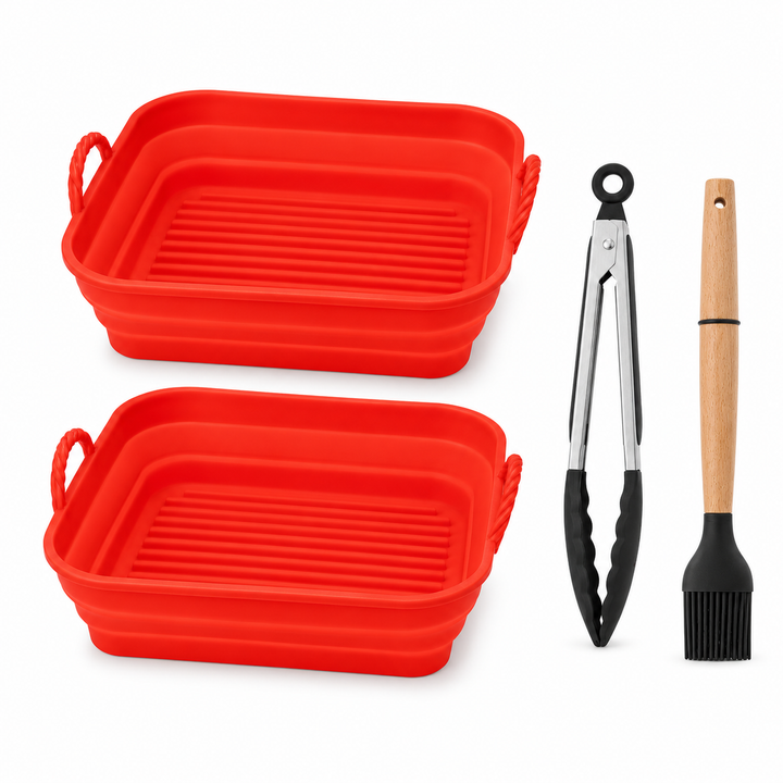 4 Pcs Air Fryer Accessories Set with Rectangle Silicone Liner, Tongs & Basting Brush