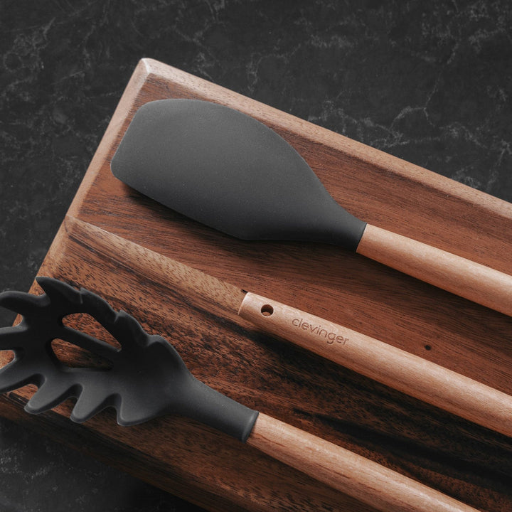 Beechwood & Silicone Kitchen Baking Utensils Set – Charcoal (Spatula, Whisk, Basting Brush)