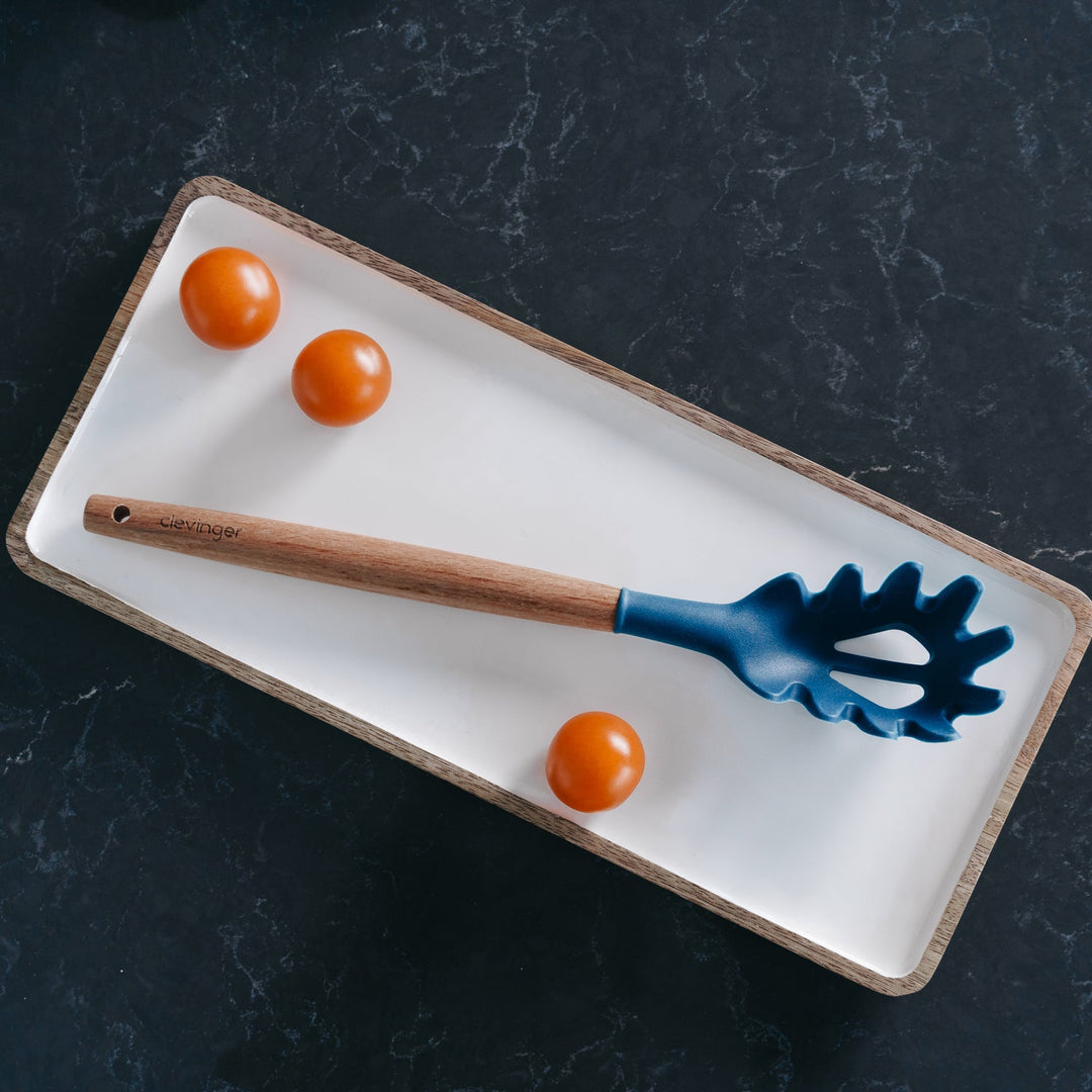 Beechwood & Silicone Kitchen Serving Utensils Set - Ladle/Pasta Server/Tongs/Slotted Spoon - Navy