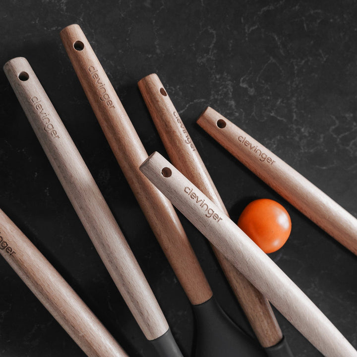 Beechwood & Silicone Kitchen Baking Utensils Set – Charcoal (Spatula, Whisk, Basting Brush)