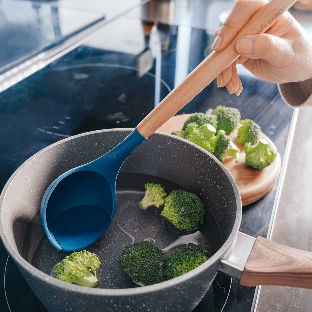 Beechwood & Silicone Kitchen Serving Utensils Set - Ladle/Pasta Server/Tongs/Slotted Spoon - Navy