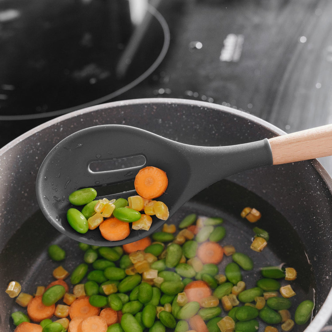 Beechwood & Silicone Kitchen Serving Utensils Set - Ladle/Pasta Server/Tongs/Slotted Spoon - Charcoal