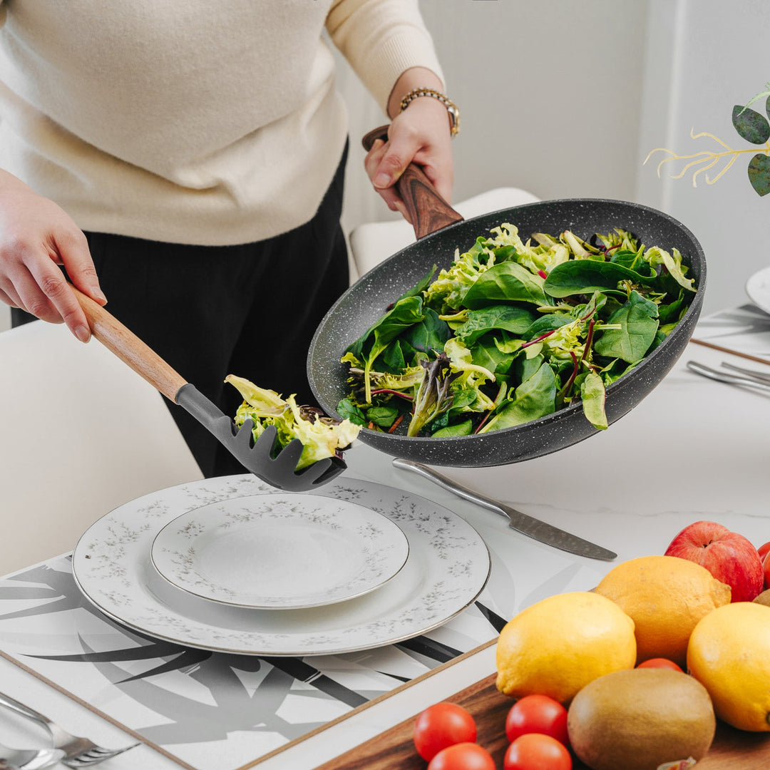 Beechwood & Silicone Kitchen Serving Utensils Set - Ladle/Pasta Server/Tongs/Slotted Spoon - Charcoal