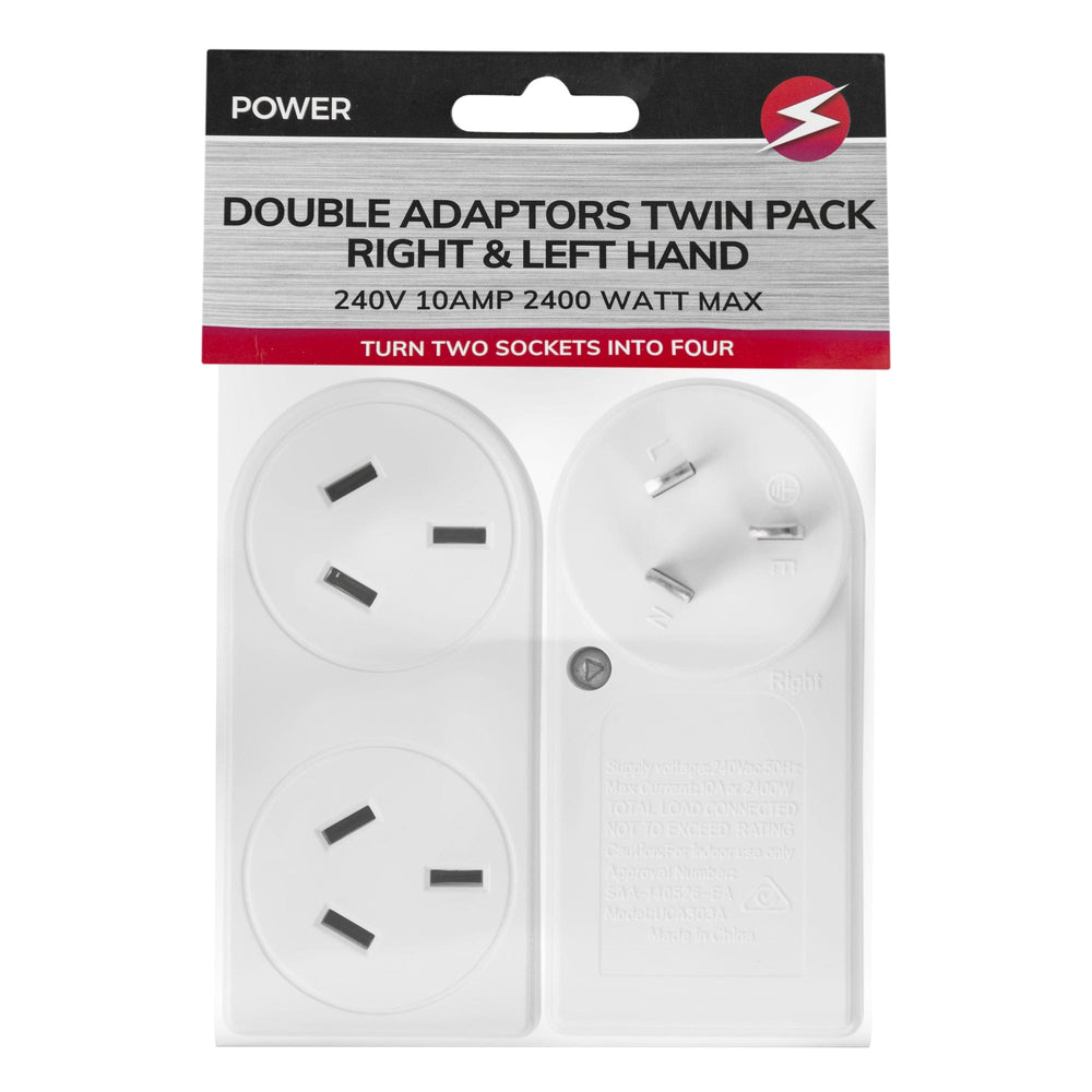 Living Today Extension Cords 2 Pack x 2400W Double Adapter Right & Left Hand