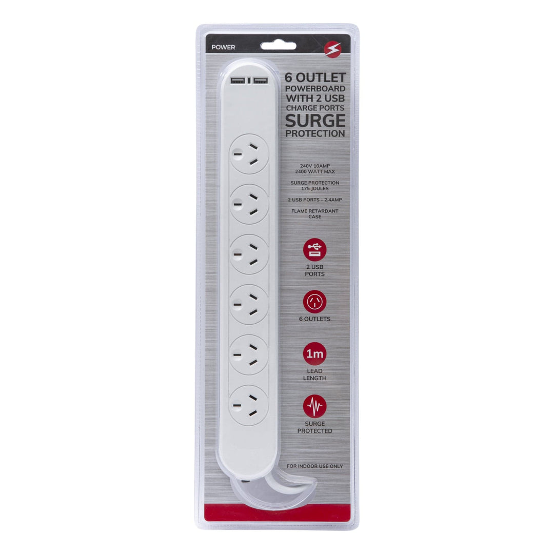 Living Today Electrical 6 Outlet Powerboard With Surge Protection and Dual USB Charger