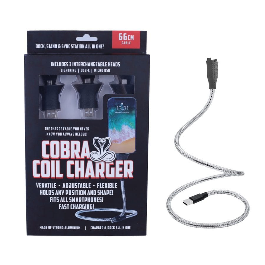 Living Today Gifts and Novelties 66cm Cobra Coil Mobile Charger Cable w/ USB-C/Micro-USB/Lightning Connector