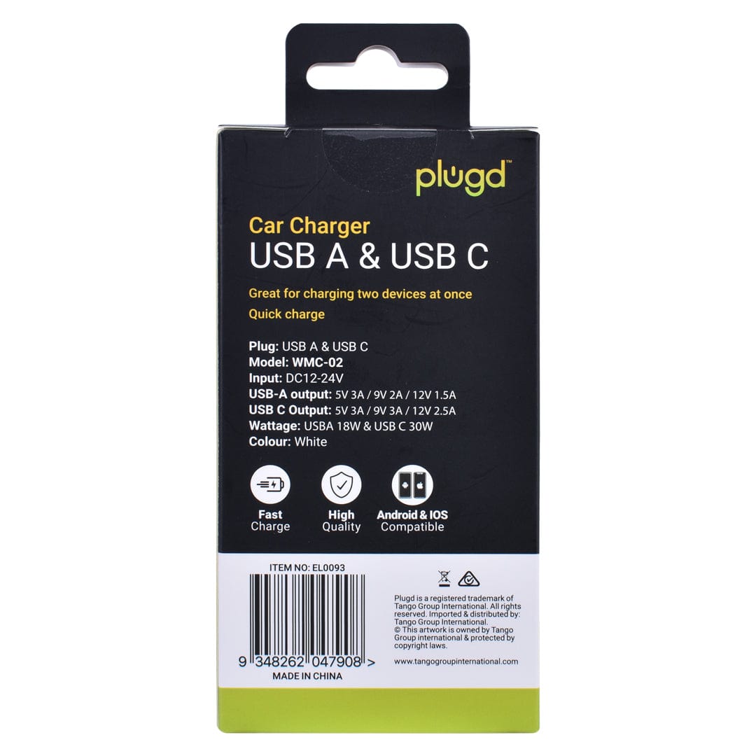 plugd Car USB charger PLUGD 30W USB-A & USB-C Dual Port Quick Charge Car Charger