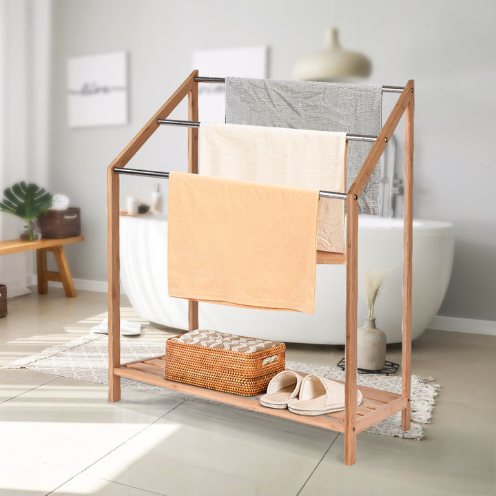85cm Standing Towel Rack - Bamboo Towel Bar Metal 3-Tier