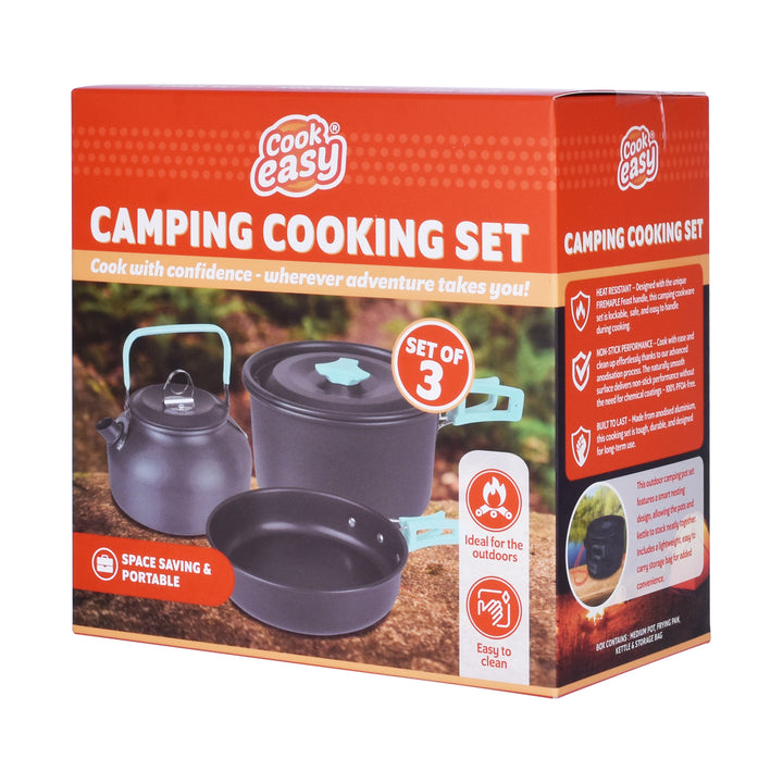 3Pcs Camping Cooking Set – Lightweight Anodised Aluminium Outdoor Cookware Kit with Heat-Resistant Handles