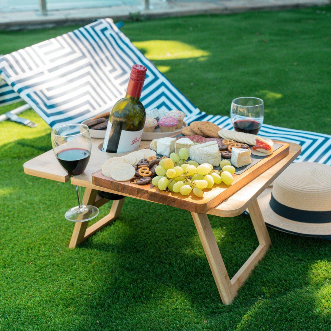 Living Today Bamboo Bamboo Foldable Picnic Table Tray with Wine and Glass Holders