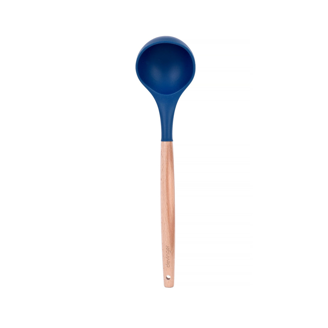 Beechwood & Silicone Kitchen Serving Utensils Set - Ladle/Pasta Server/Tongs/Slotted Spoon - Navy