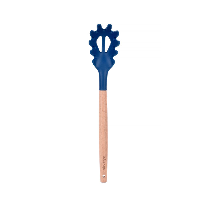 Beechwood & Silicone Kitchen Serving Utensils Set - Ladle/Pasta Server/Tongs/Slotted Spoon - Navy