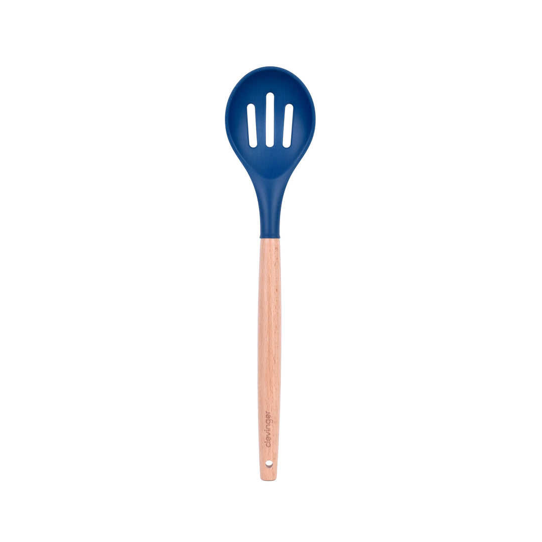 Beechwood & Silicone Kitchen Serving Utensils Set - Ladle/Pasta Server/Tongs/Slotted Spoon - Navy