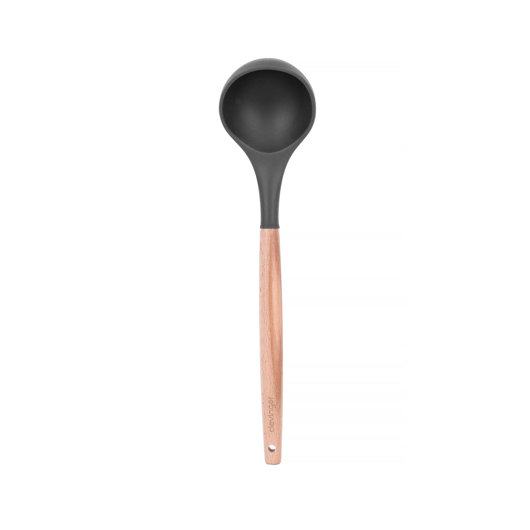 Beechwood & Silicone Kitchen Serving Utensils Set - Ladle/Pasta Server/Tongs/Slotted Spoon - Charcoal