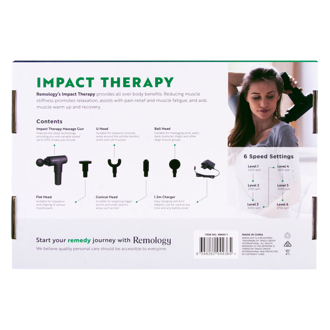 Remology Impact Therapy Percussive Massage Gun includes 4 Heads