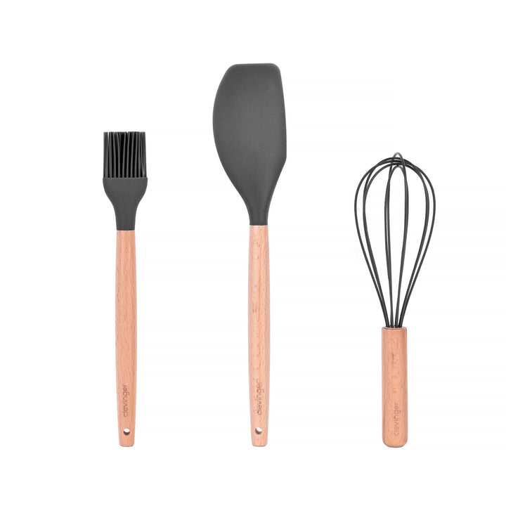 Beechwood & Silicone Kitchen Baking Utensils Set - Spatula/Whisk/Basting Brush - Charcoal