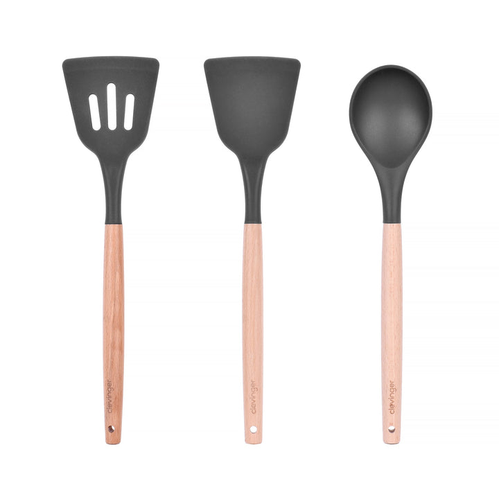 Beechwood & Silicone Kitchen Cooking Utensils Set - Turner/Spoon/Slotted Turner  - Charcoal