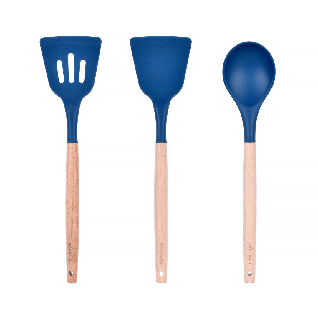 Beechwood & Silicone Kitchen Cooking Utensils Set - Turner/Spoon/Slotted Turner  - Navy