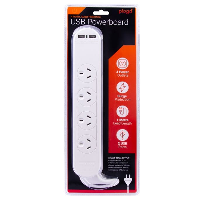 plugd Extension Cords 4 Outlet Powerboard With Surge Protection and Dual USB Charger