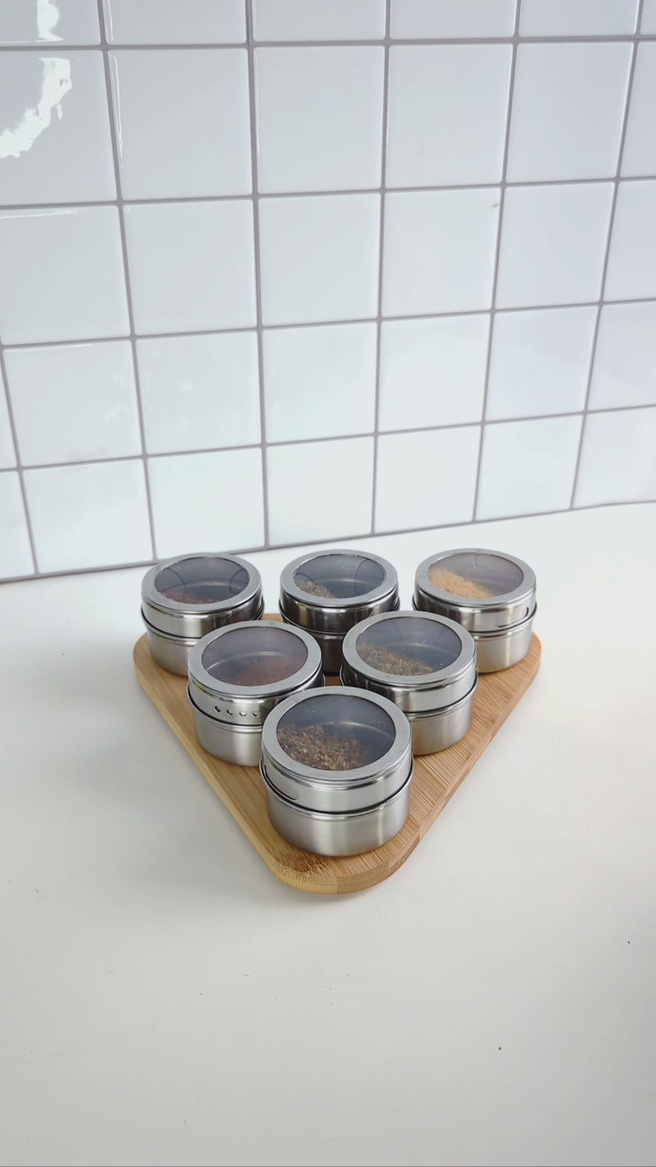 Magnetic Triangular Bamboo Spice Rack & Jars For Kitchen Storage