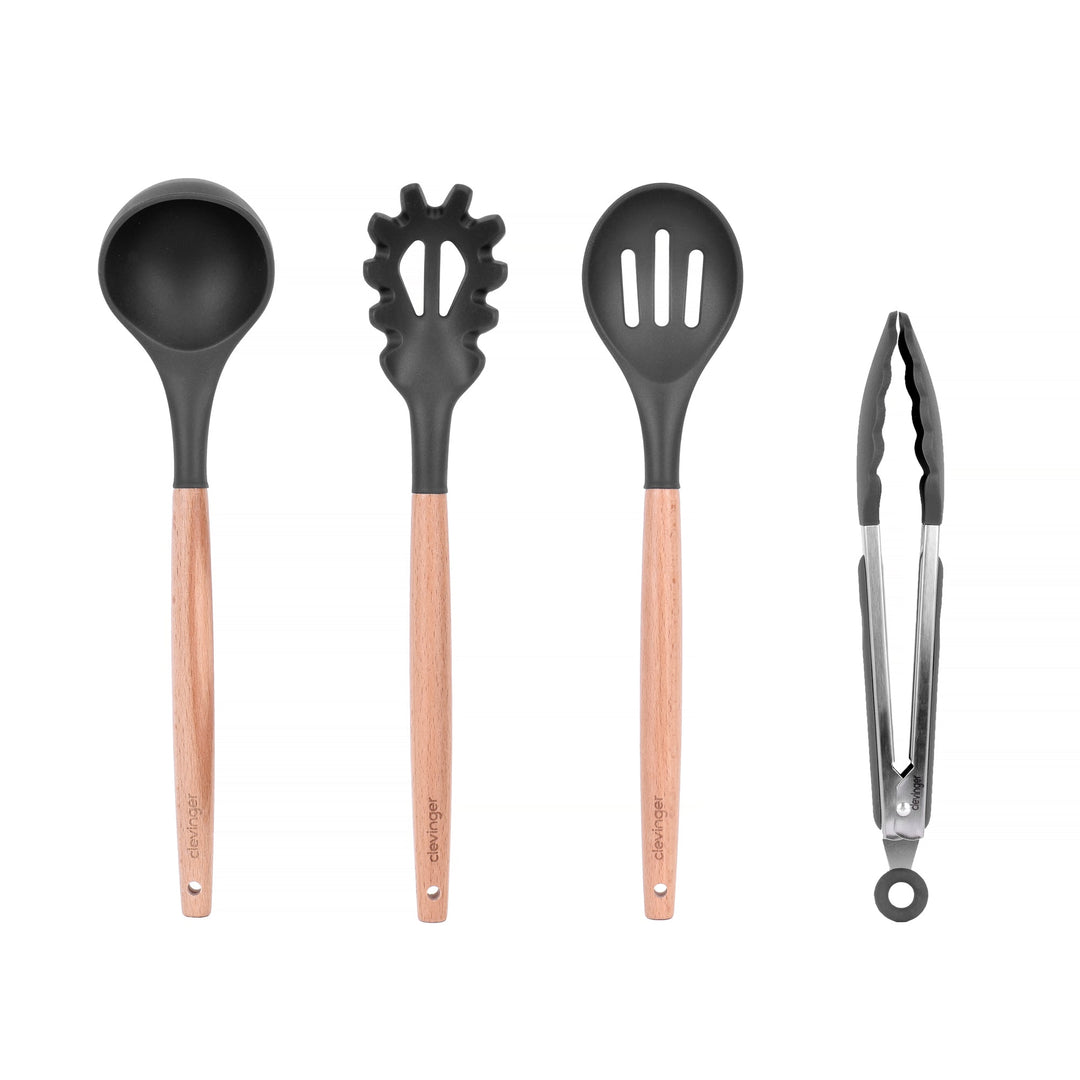 Beechwood & Silicone Kitchen Serving Utensils Set - Ladle/Pasta Server/Tongs/Slotted Spoon - Charcoal