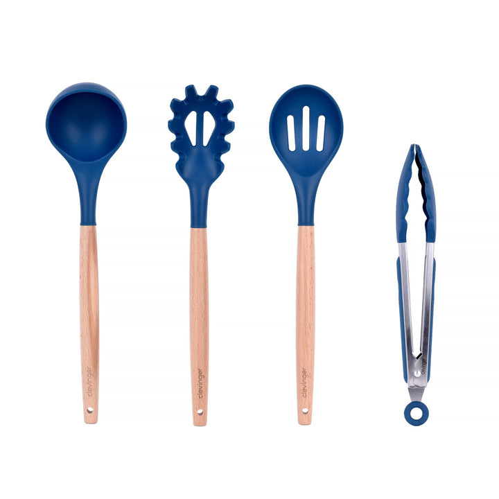 Beechwood & Silicone Kitchen Serving Utensils Set - Ladle/Pasta Server/Tongs/Slotted Spoon - Navy