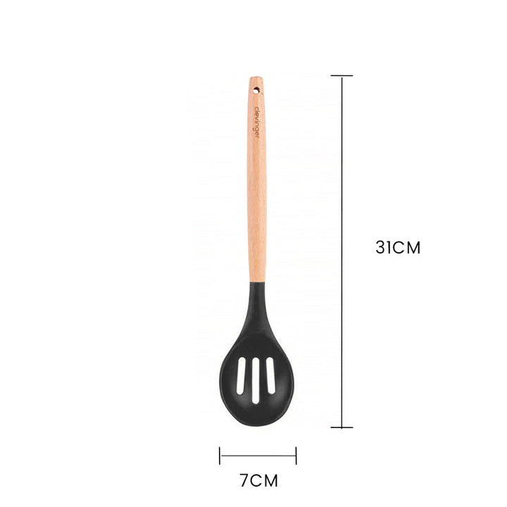 Beechwood & Silicone Kitchen Serving Utensils Set - Ladle/Pasta Server/Tongs/Slotted Spoon - Charcoal