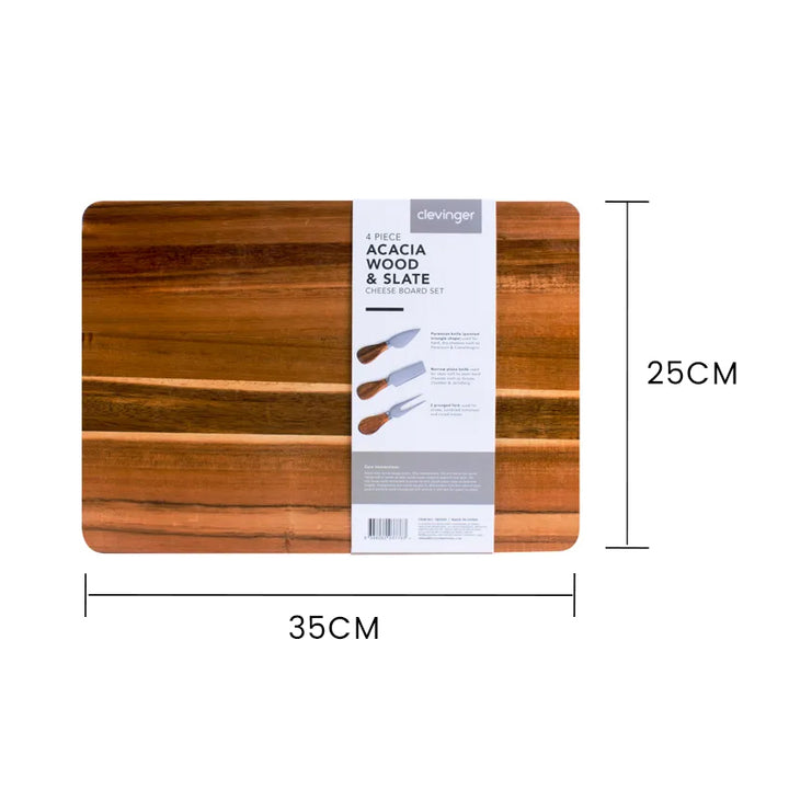 Clevinger 4 Piece Acacia Wood & Slate Cheese Board With Knife Set