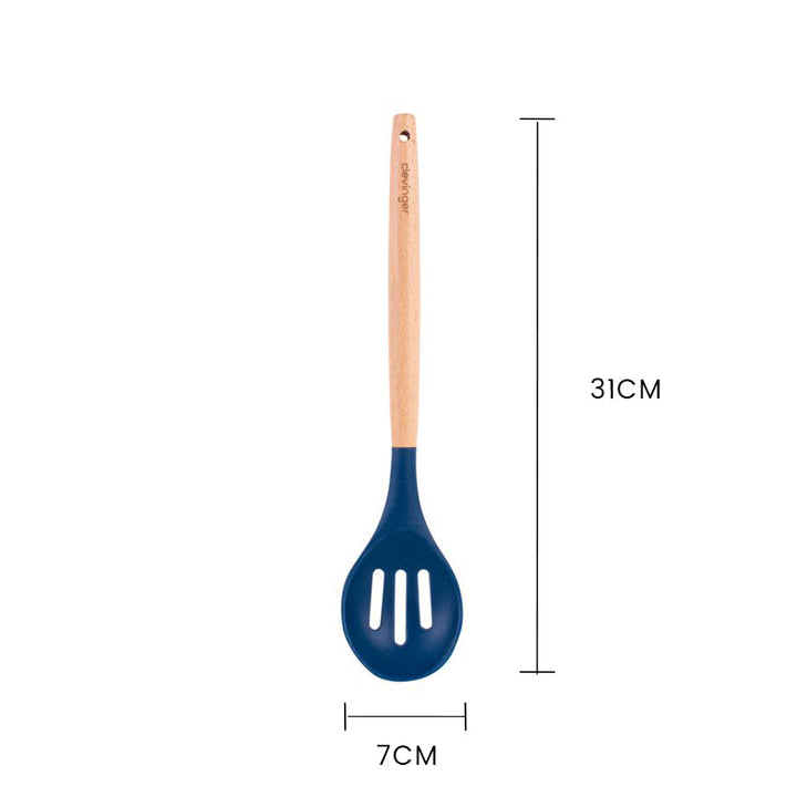 Beechwood & Silicone Kitchen Serving Utensils Set - Ladle/Pasta Server/Tongs/Slotted Spoon - Navy