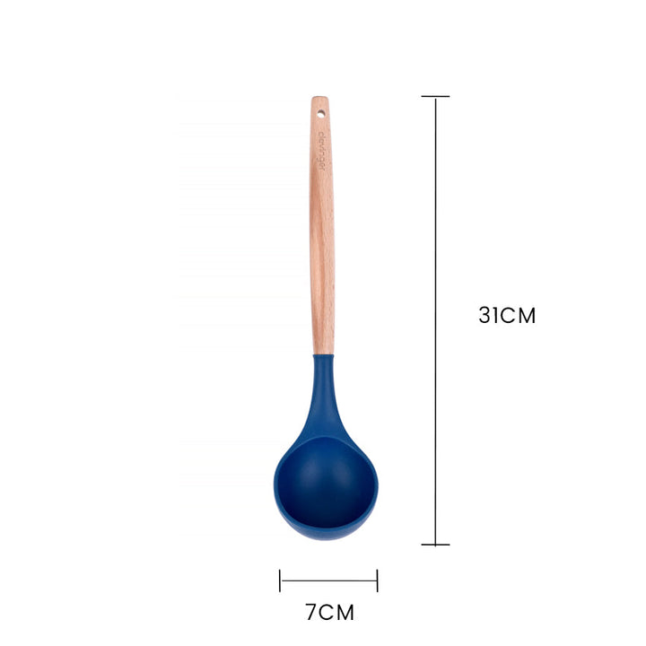 Beechwood & Silicone Kitchen Serving Utensils Set - Ladle/Pasta Server/Tongs/Slotted Spoon - Navy