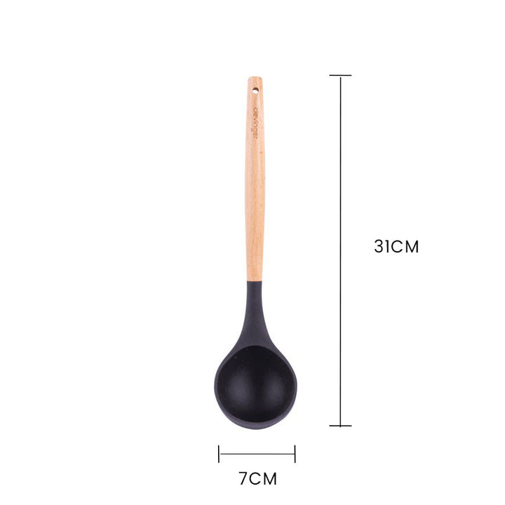 Beechwood & Silicone Kitchen Serving Utensils Set - Ladle/Pasta Server/Tongs/Slotted Spoon - Charcoal